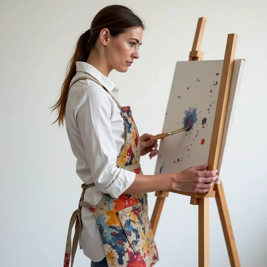 An artist's hand setting the height on the wooden studio easel during a work session