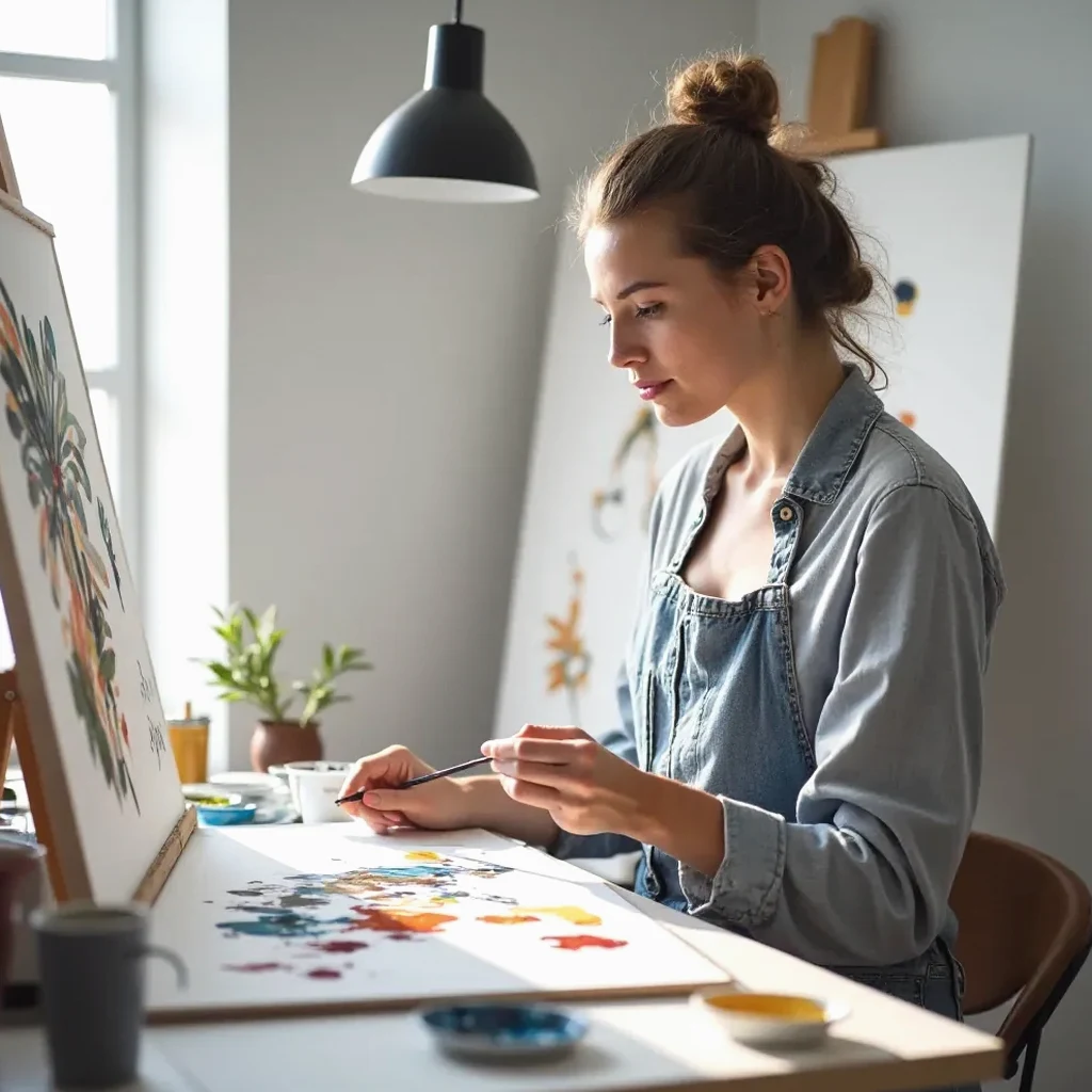 An artist painting in acrylics on a stretched canvas in a bright, daylit studio