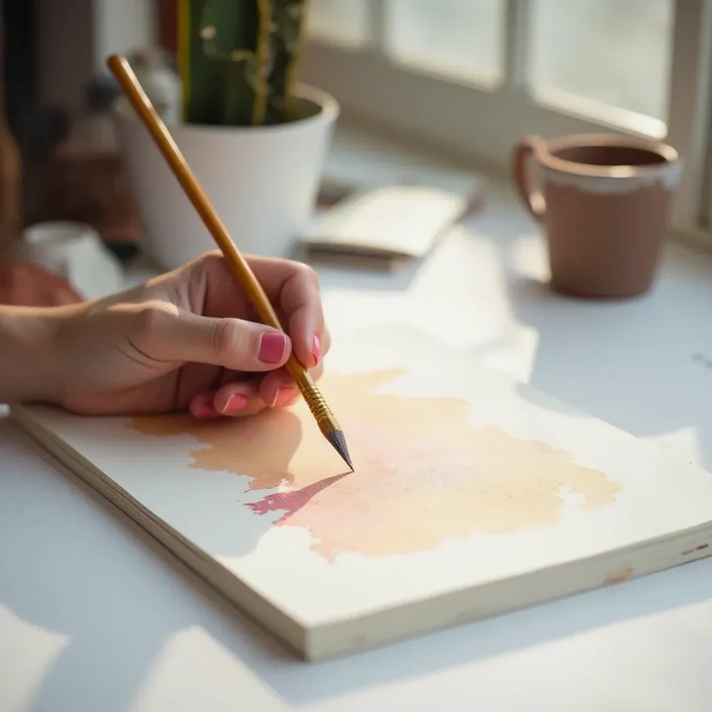 An artist's hand poised with a watercolor brush over the mixed media paper pad mid-painting