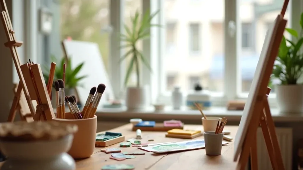 Tidy artist's desk featuring brushes, mixing palettes, and a ready canvas