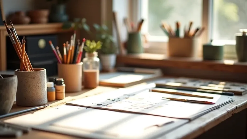A neatly organized studio workspace stocked with art supplies and materials