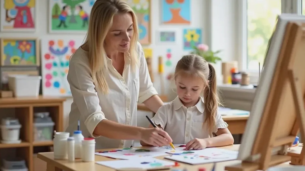 A classroom set up for a school art program