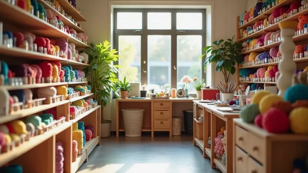 A craft supply shop with bright materials lined up across the shelves
