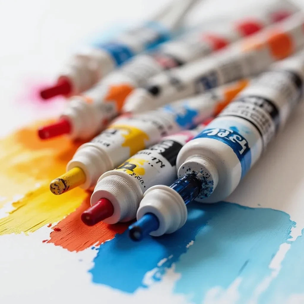 Close-up of Winsor & Newton acrylic tubes with bright color swatches and visible texture