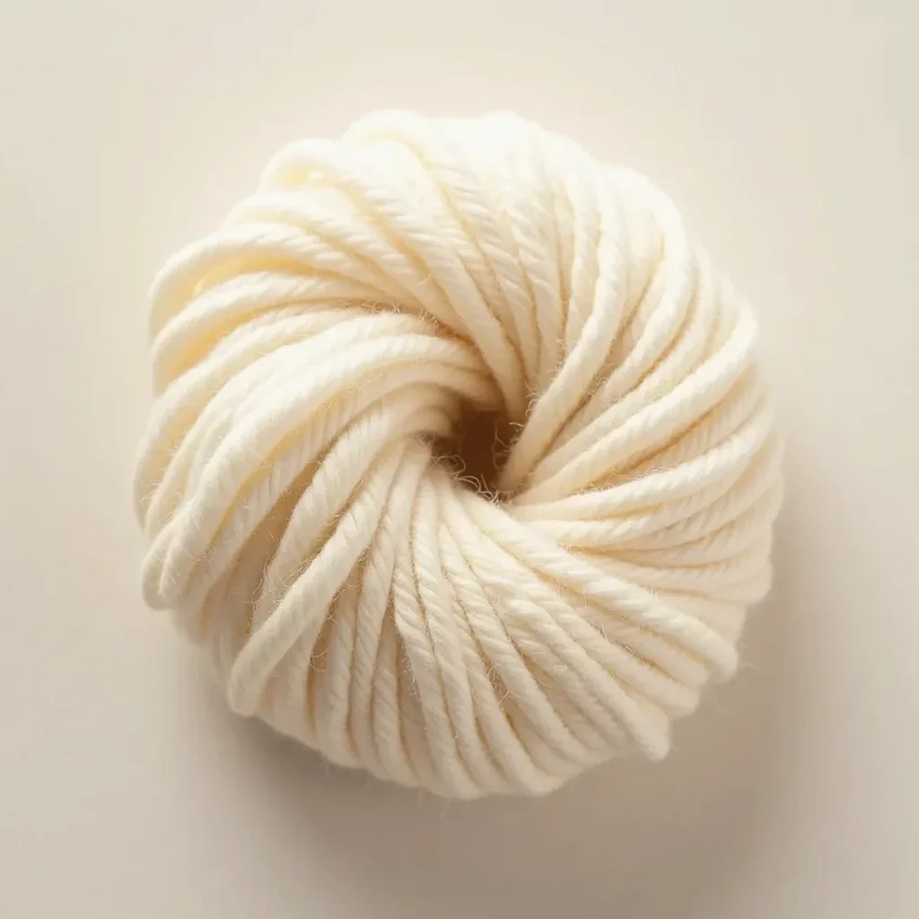 A close look at merino yarn texture, its fine crimped fibers caught in soft daylight against a plain backdrop