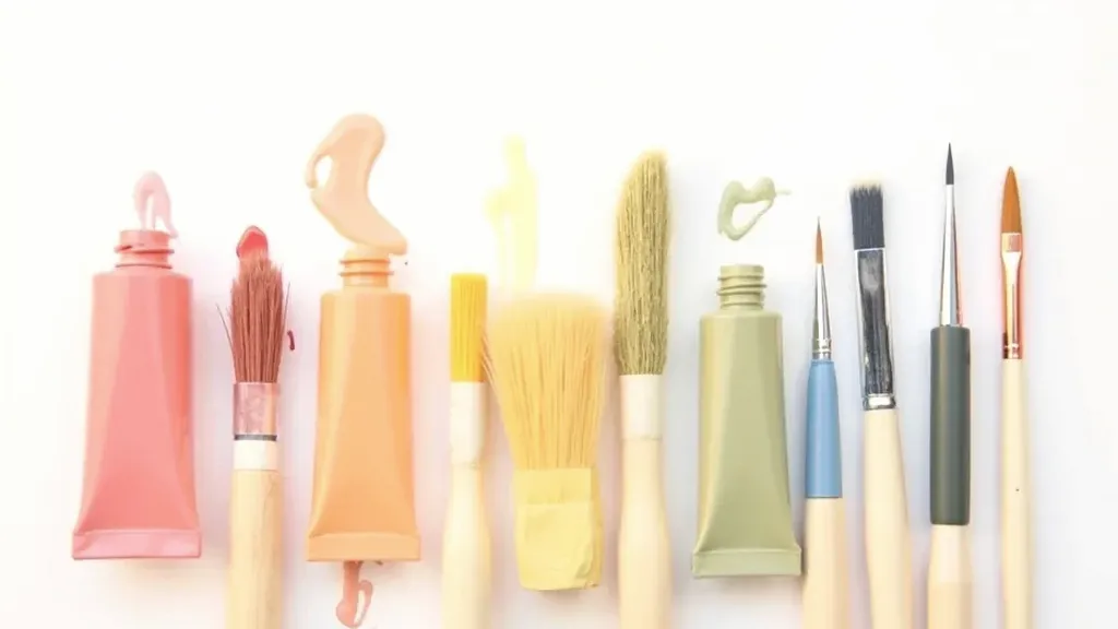 Bright assortment of acrylic paint tubes and brushes laid out on a plain backdrop