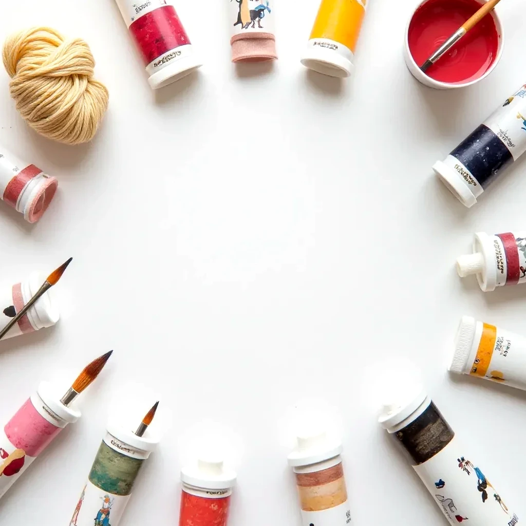 Overhead flat lay of Winsor & Newton acrylic tubes with color swatches and art supplies on a plain backdrop
