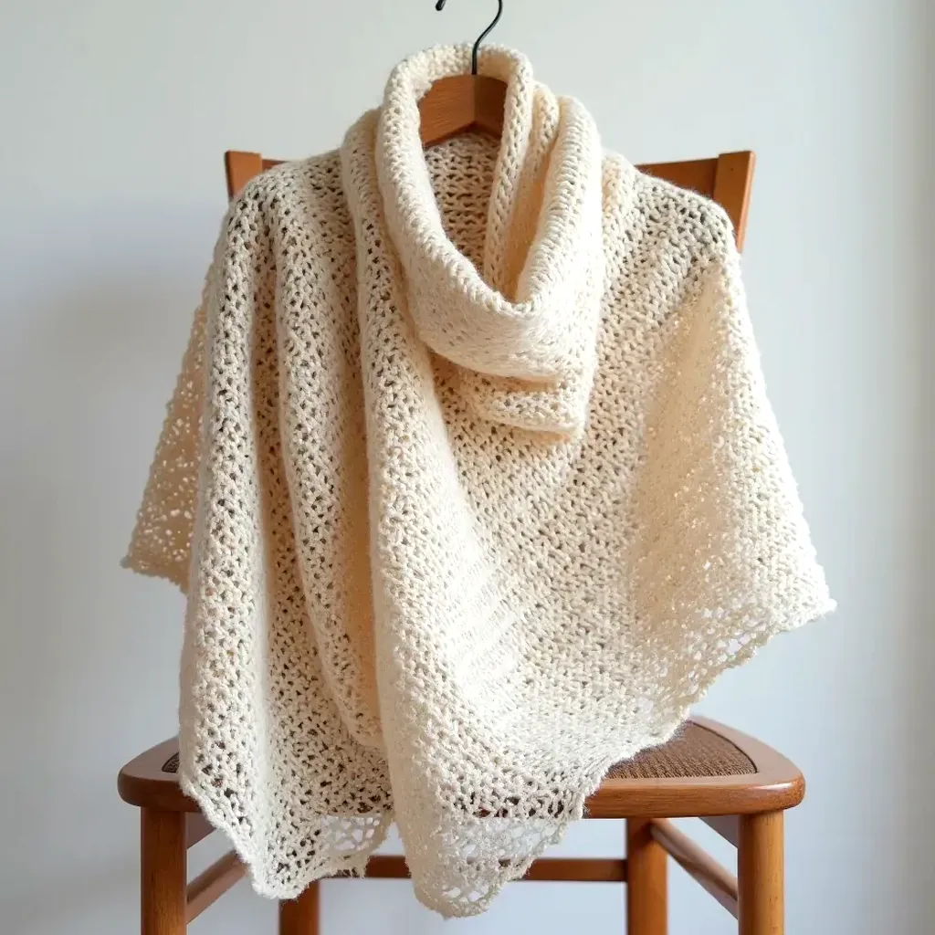 A merino lace shawl with intricate stitchwork draped over a wooden chair in soft window light