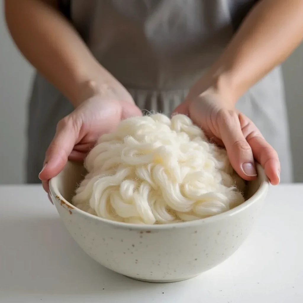Hands carefully washing a merino garment in cool, soapy water in a ceramic bowl under soft light