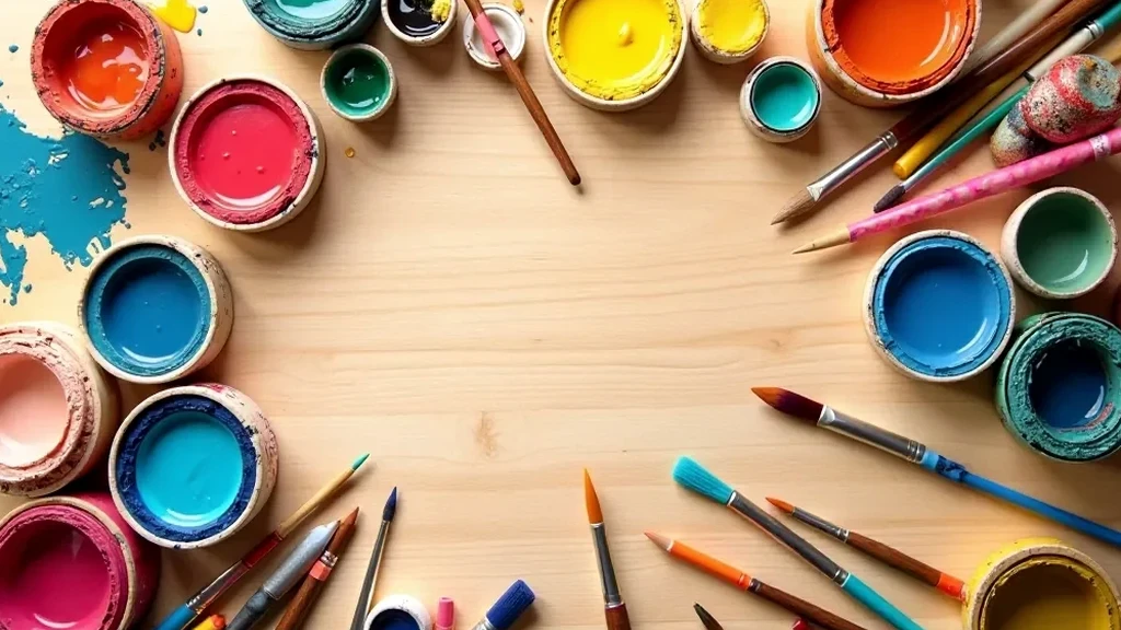 An assortment of bright art supplies laid out across a wooden tabletop
