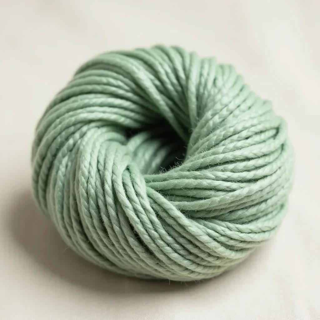 Sage green merino wool skein resting on soft beige linen lit by gentle daylight