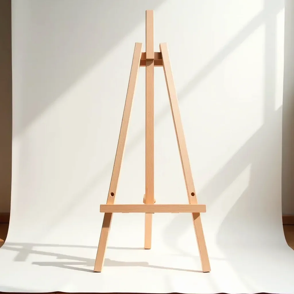 The base of the wooden studio easel, its three-legged design and rubber feet planted on the studio floor