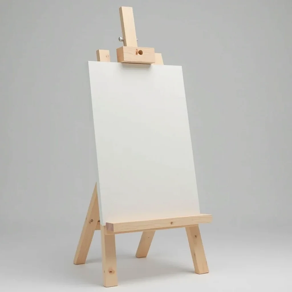 A natural beech studio easel fully assembled, with adjustable height and canvas support, against a plain backdrop
